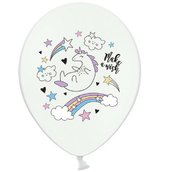 Balónek bílý s potiskem "Jednorožec" 30 cm 50 ks