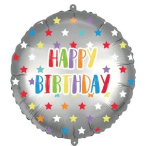 Balónek fóliový Happy Birthday stříbrný s barevnými hvězdami 46 cm