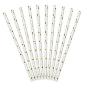 Brčka papírová hvězdičky zlaté – bílá 10 ks