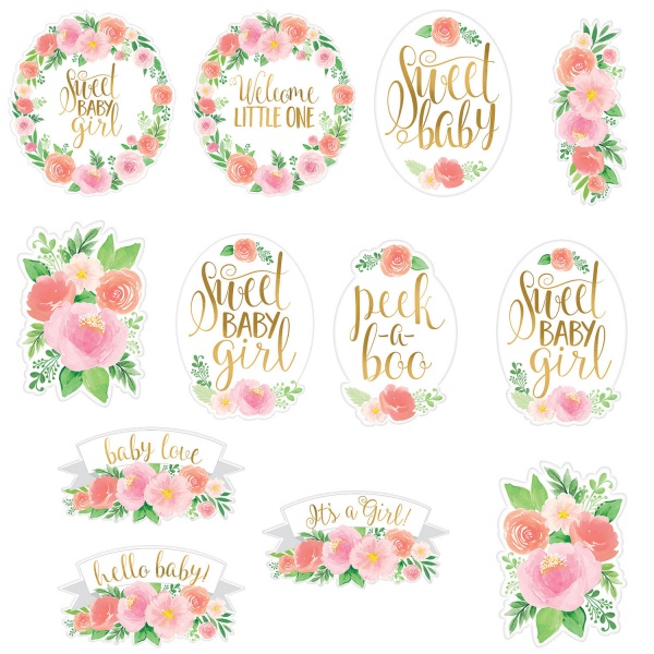 Floral Sweet Baby Girl - Dekorační výřezy s motivy baby showerl 12 ks