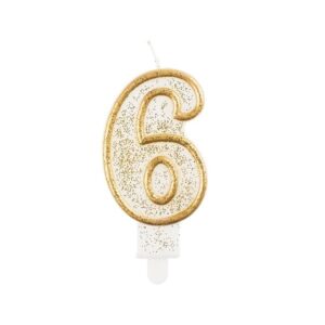 Svíčka číslo 6 zlatý obrys s glitry 8 cm