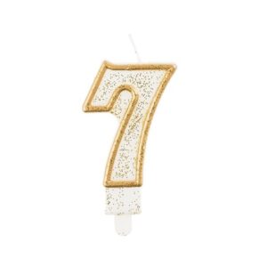 Svíčka číslo 7 zlatý obrys s glitry 8 cm