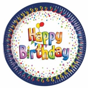 Talířky Happy Birthday modrý okraj 20 cm 8 ks