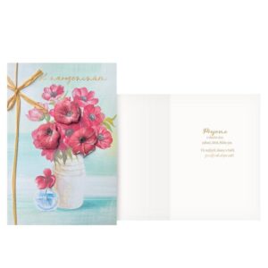 Přání srdečné s červenými květy ve váze