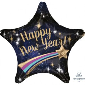 Balónek fóliový silvestrovský Hvězda černá HNY s kometou 71 x 71 cm