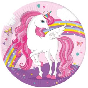 Unicorn party - talířky papírové Jednorožec duhový 23 cm 8 ks