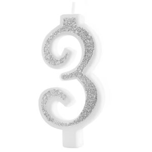 Svíčka narozeninová číslo "3" třpytivá stříbrná 7 cm
