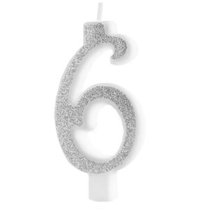 Svíčka narozeninová číslo "6" třpytivá stříbrná 7 cm