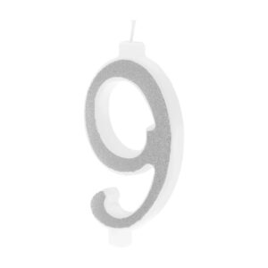 Svíčka narozeninová číslo "9" třpytivá stříbrná 13 cm