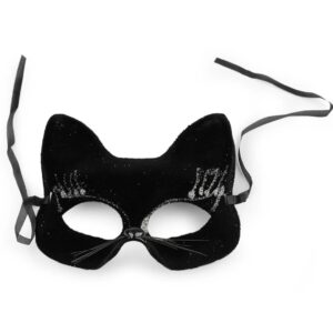 Škraboška Kočka sametová s glitry černo-stříbrná