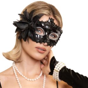 Škraboška černá s flitry a květinou