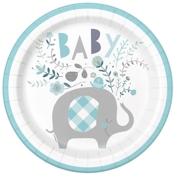 Baby shower Slůně Talířky papírové modrý 23 cm 8 ks