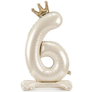 Balónek fóliový Stojací číslo 6 s korunkou světle krémový 84 cm