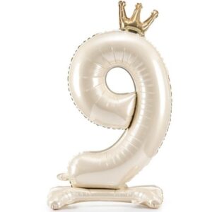 Balónek fóliový Stojací číslo 9 s korunkou světle krémový 84 cm